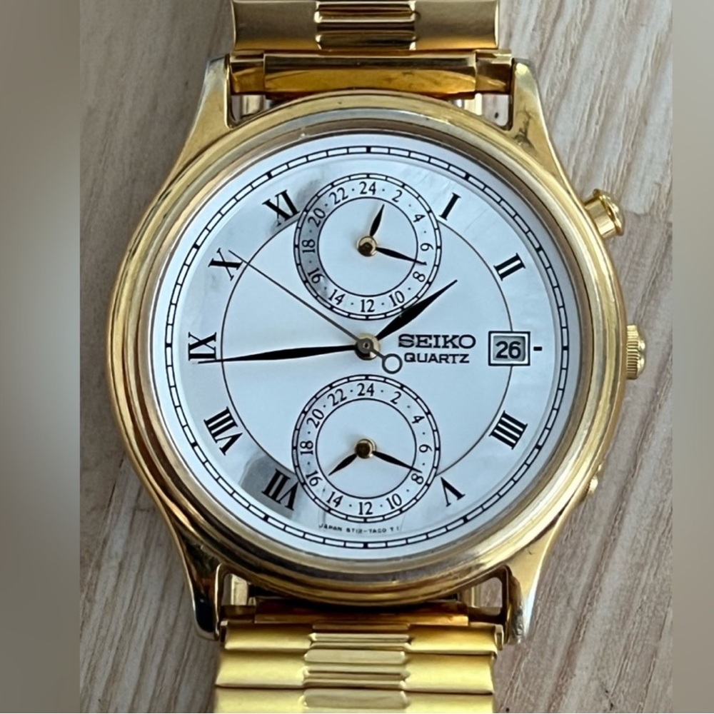 Seiko Ultra Rare 3-Time Zone Vintage Men’s Watch White Pearl Dial Date & Works